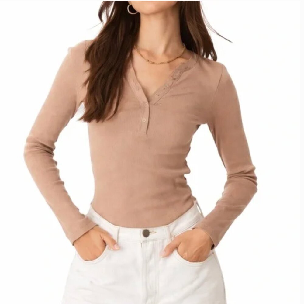 Aerie Women's Size Small Real Soft Button Front Henley Top Beige Tan Ribbed Long